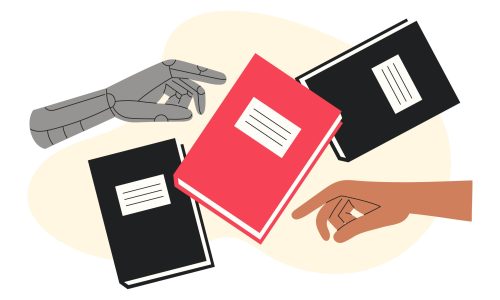 Human and Robot Hands Reaching for Books, Symbolising the Conflict Between Artificial Intelligence and Human Creativity